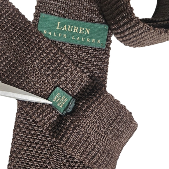 LAUREN RALPH LAUREN Solid Brown Logo Knit Silk LUXURY Slim Tie ITALY - Picture 3 of 5